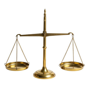 A 3d golden brass scale of justice stands as a legal symbol of equality and law isolated on a white background to weigh and compare the concept of crime and weight
