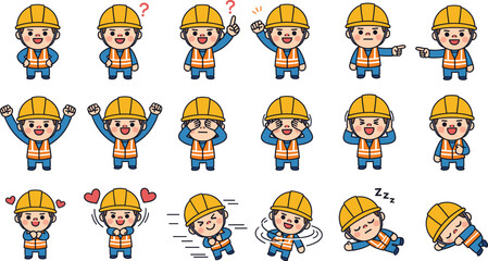 Obraz premium Cartoon construction worker character illustration set, emotional expressions, safety vest and hard hat design, occupational gesture artwork, communication icon