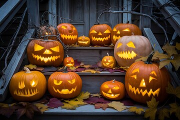 Fototapeta premium Spooky jack-o'-lanterns glowing on wooden steps with autumn leaves for Halloween night.