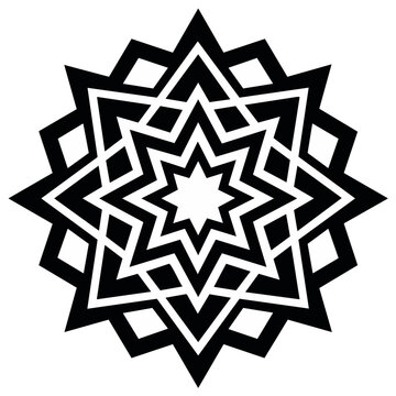 Intricate black and white geometric starburst pattern with sharp angular lines radiating outwards in layers