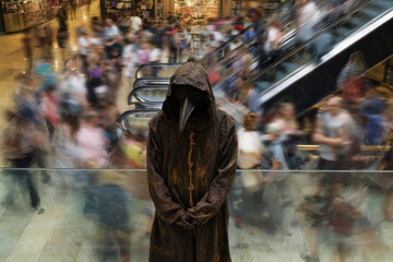 Obraz premium Plague doctor standing still, crowded shopping mall background, motion blurred people, pandemic allegory, eerie presence