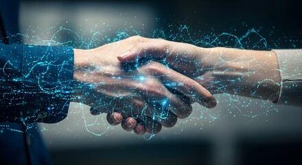 Fototapeta premium A futuristic scene of a human hand and a robotic hand shaking in a digital environment.