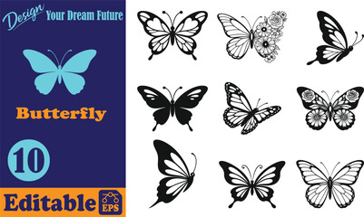 Collection of diverse black and white butterfly on white background © Badhyajit