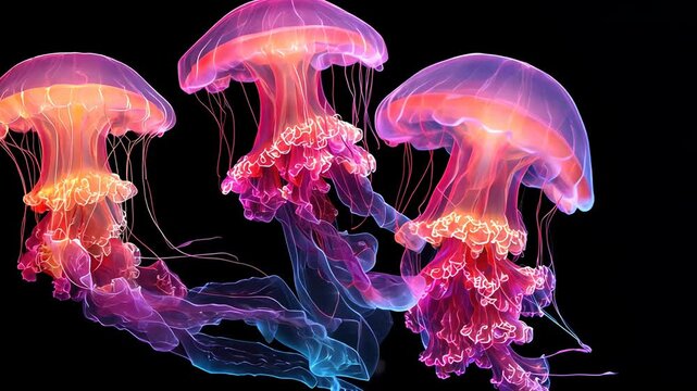 Bioluminescent Jellyfish: Mystical Underwater Organisms in Neon Colors - Stunning Aquatic Photography of Marine Biodiversity and Translucent Jellyfish Swarm