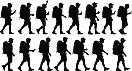Fototapeta premium Walking silhouette illustration sequence, person with backpack and cap, dynamic motion study, human gait design, black and white artwork