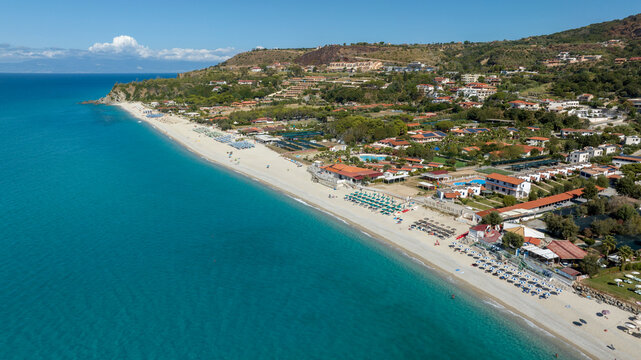 Aerial view of Zambrone Beach, located near Tropea, in province of Vibo Valentia, Calabria, southern Italy. This beautiful coastline overlooking the Tyrrhenian Sea is known as the Coast of the Gods.
