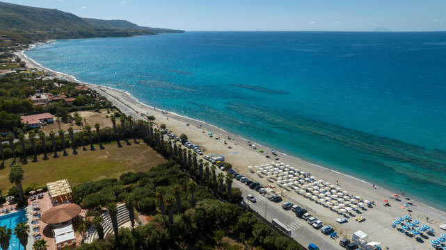 Aerial view of Zambrone Beach, located near Tropea, in province of Vibo Valentia, Calabria, southern Italy. This beautiful coastline overlooking the Tyrrhenian Sea is known as the Coast of the Gods.