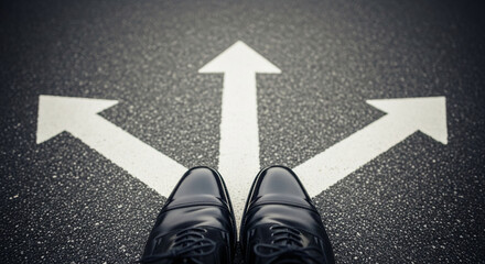 Fototapeta premium Low-angle shot of black shoes and three white arrows on asphalt, symbolizing a choice between different paths, direction, or strategy