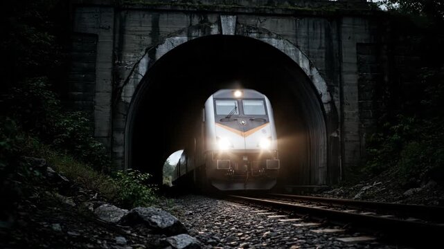 A powerful train emerges from a dark tunnel with bright headlights. The locomotive travels along the railway tracks through a natural landscape.
