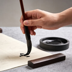 Hand holding brush while calligraphing on paper with ink tray  
