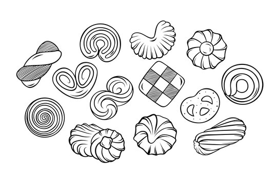 Vector collection of shortbread cookie varieties, classic cookies, crackers and kurabye in black and white icon style. For food illustration and culinary graphics