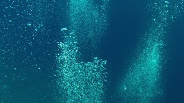 Overhead view of an endless stream of air bubbles rising upward from deep sea against blue water. Natural underwater background with air bubbles popping up from depths, concept of group scuba diving