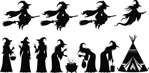 Witch silhouette illustration set, flying broomstick witches, Halloween folklore artwork, spooky witchcraft design, magical cauldron scene, teepee tent with fire symbol © Anonto