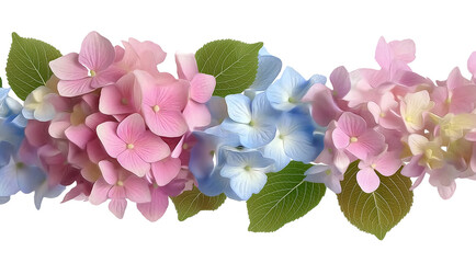 a pink hydrangea garland, blue hydrangea flowers, pink and white hydrangeas, white background, png transparent, cutout, high resolution, high quality, high detail, high definition, high sharpness, hyp