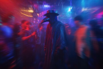 Fototapeta premium Plague doctor in crowded nightclub, motion blur, red and blue neon lighting
