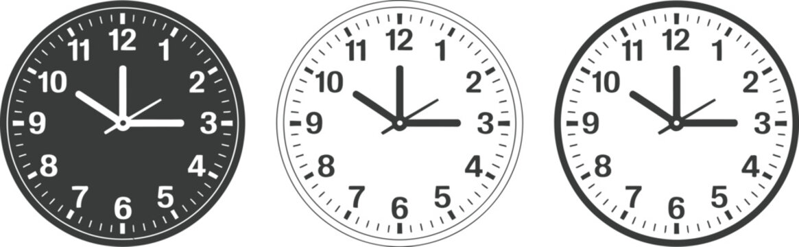 clock faces collection in monochrome vector style with round watch dials isolated for interior decoration and graphic projects