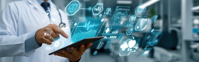 A physician uses a tablet beside floating medical dashboards, emphasizing digital health data, diagnostics, and innovation.