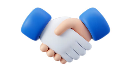 3d icon of two hands shaking, with blue shirt sleeves and a white background, in a cartoon style, vector illustration, on a white solid color background, with minimalism, simple shapes, 2d flat design