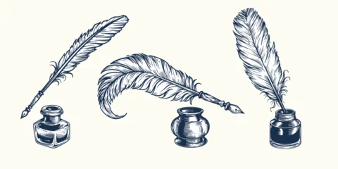 Hand drawn sketch style quill pen and inkwell set. Vintage retro etched woodcut drawings collection. Vector illustrations. © Sketch Master