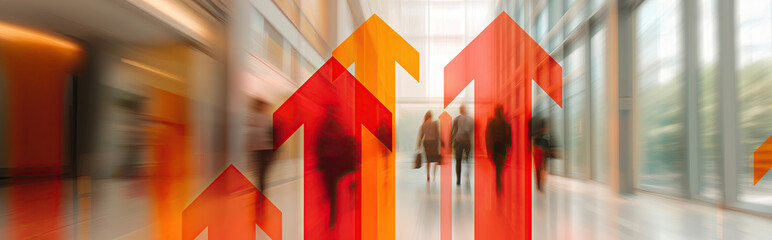Dynamic red arrows symbolizing upward business growth through blurred corporate corridor.