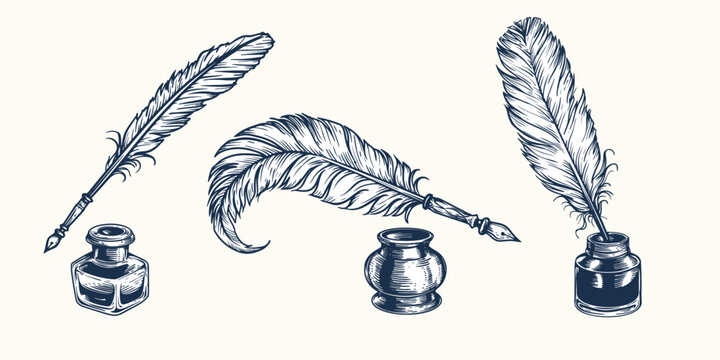 Hand drawn sketch style quill pen and inkwell set. Vintage retro etched woodcut drawings collection. Vector illustrations.