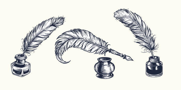 Hand drawn sketch style quill pen and inkwell set. Vintage retro etched woodcut drawings collection. Vector illustrations.