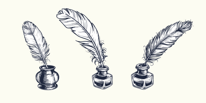 Hand drawn sketch style quill pen and inkwell set. Vintage retro etched woodcut drawings collection. Vector illustrations.