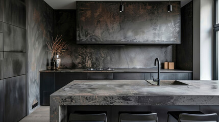 Minimalist modern kitchen design with grey stone walls and a kitchen island. Clean aesthetic with natural texture, functional island and monochrome palette