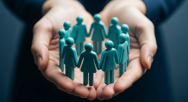 Image of two hands holding miniature blue figurines in a circle, representing teamwork, collaboration, and community support and connection