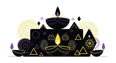 Diwali celebration with decorative lamps and floral motifs a dark silhouette © MdAbulBasher