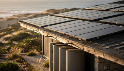 Fototapeta premium Focused view of solar canopy panels atop a coastal hills ecoretreat lodge highlighting rainwater harvesting tanks amid softly blurred dunes and native coastal plants.
