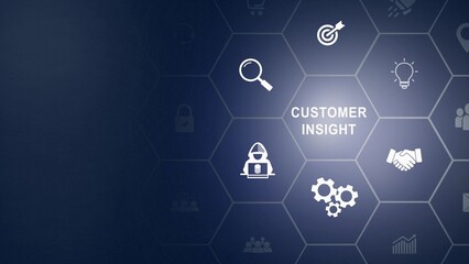Obraz premium Customer insight marketing concept. Deep understanding of customers, their behaviors, preferences and needs. Using customer insight to build strong customer relationship icon background animation