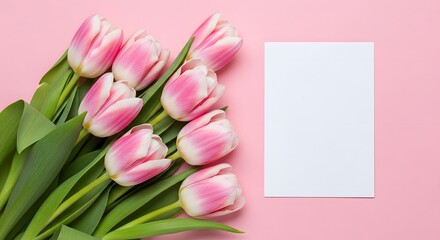 Fototapeta premium A bouquet of pink and white tulips on a pink background with a blank card