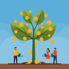 People Watering Money Tree Growth.