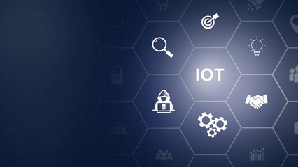 Fototapeta premium Internet of things - IOT concept. Businessman offer IOT products and solutions. Glowing neon background, Motion graphics of 