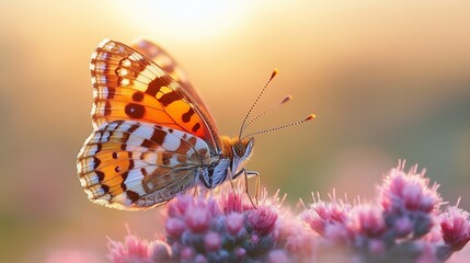 Fototapeta premium Orange Butterfly on Purple Flowers at Sunset