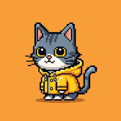 Pixel Art Gray Cat Wearing Jacket.