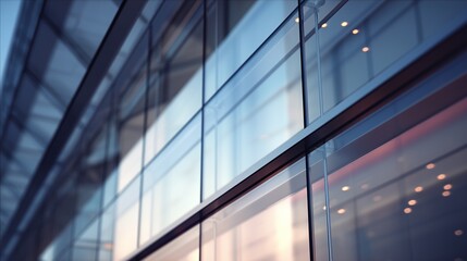 Building with glass windows in an urban setting during the evening with reflections from city lights