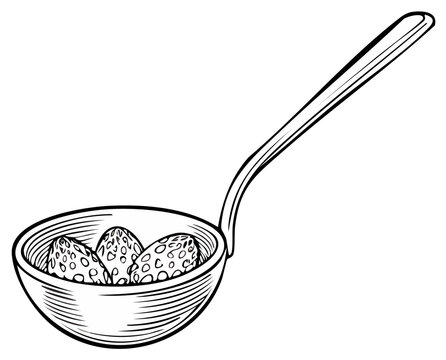 Engraved illustration of a ladle with a bowl full of morels