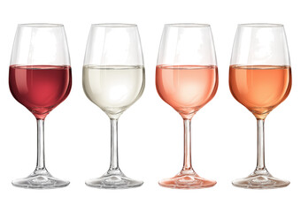 Fototapeta premium Four wine glasses filled with different shades of red white and rose wine isolated on a transparent background