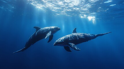 Fototapeta premium Dolphins Swimming Underwater in Ocean with Sunlight
