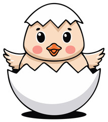Cute cartoon chick hatching from an egg, wings spread, pink cheeks, cheerful expression.