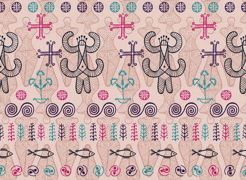 Pagan goddess copper age culture endless ornament. Simple ukrainian folkloric motif. Naive slavic heritage fertility archetype silhouette. Clay ceramic engraving.