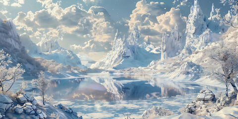 Serene Winter Landscape with Snowy Mountains and Frozen Lake