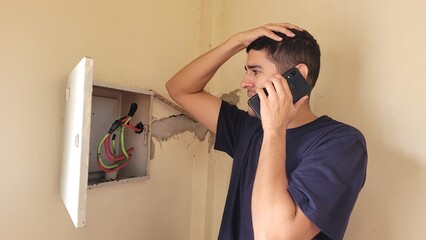 Man on phone looking stressed at exposed electrical wires in wall panel