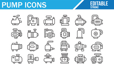 Fototapeta premium Editable Stroke Vector Line Art of Various Pump Types and Compressors
