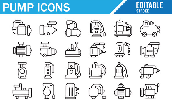 Pump Icons Line Art Vector Set with Editable Stroke for Industrial Design