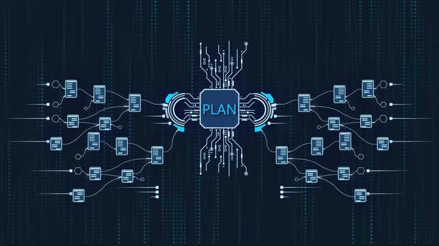 Business strategy plan flowchart with connected devices and circuits on dark background business plan