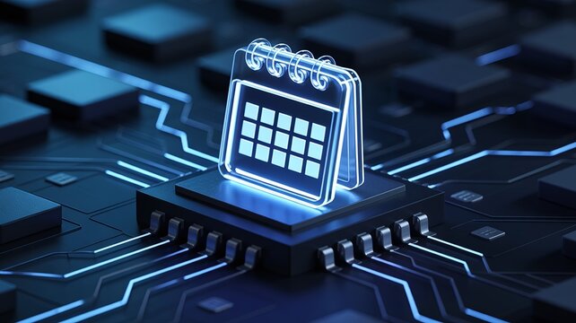 Glowing Digital Calendar Icon on a High Tech Microchip Background Illustrating Efficient Project Scheduling and Time Management Technology