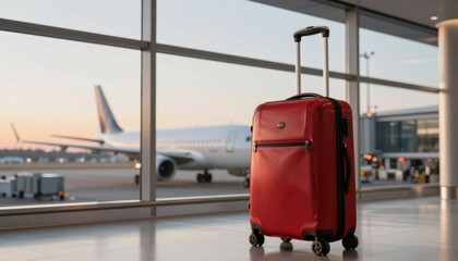 Travel adventure red suitcase at airport baggage terminal sunset perspective journey